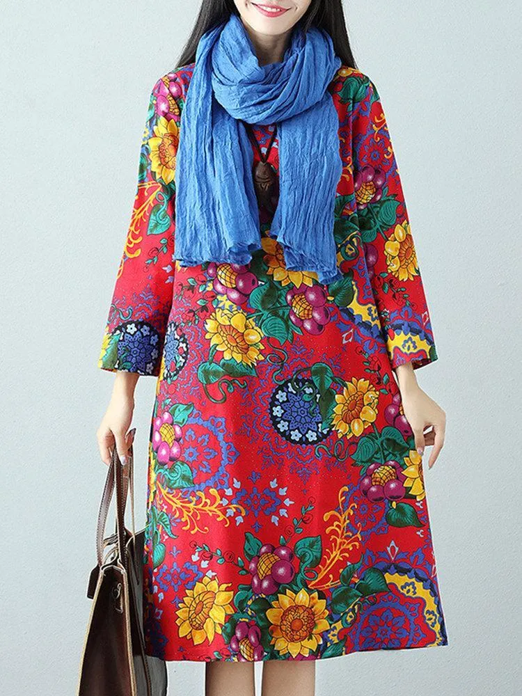 Casual Printed O-Neck Long Sleeve A-Line Women Dresses